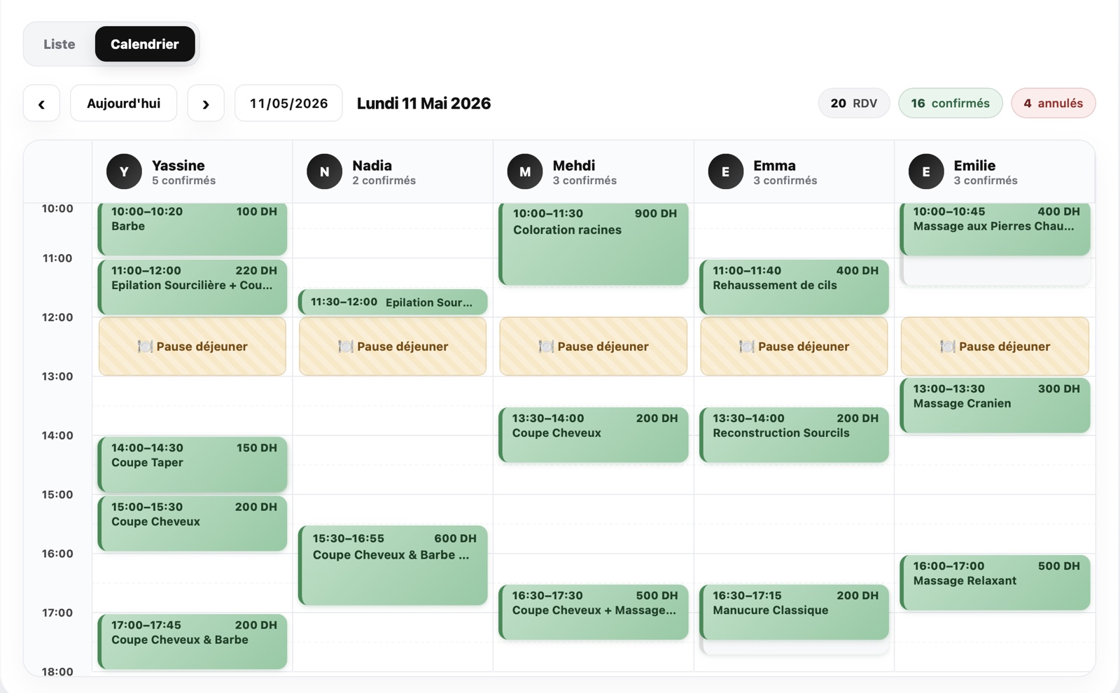 Aperçu du calendrier multi-staff Rendy avec les RDV de la journée